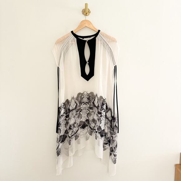 Silk Crystal Embellished Sheer Tie-Short Sleeve Swimwear Cover Up White/Black - Picture 1 of 9